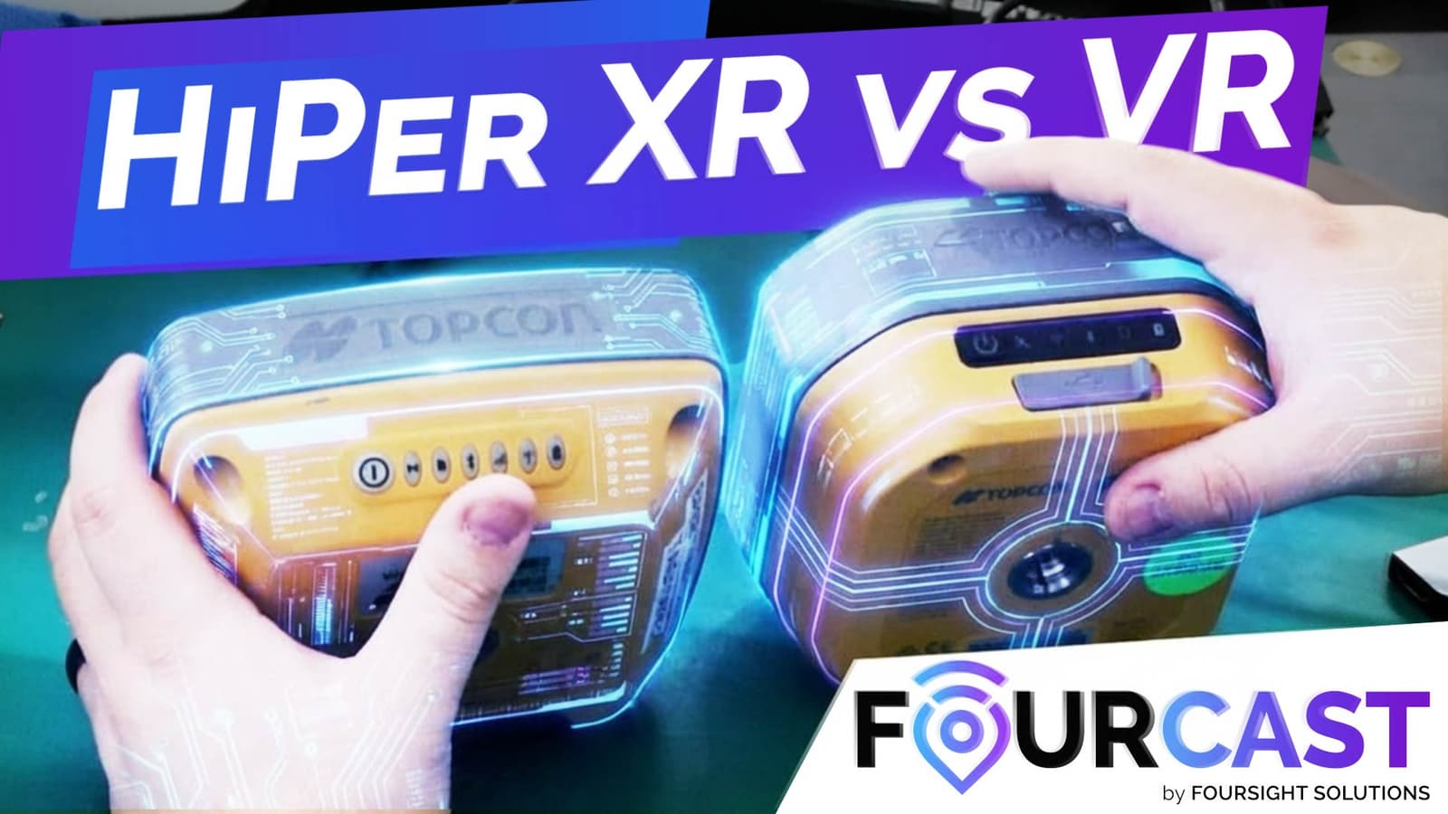4RE | Text reads: HiPer XR vs VR; shows a hand holding one of each of these modules