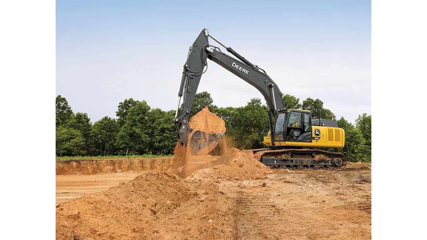 A 300P-Tier Excavator moving dirt at a worksite. | 4re Equipment | ID: 300PEXFT4